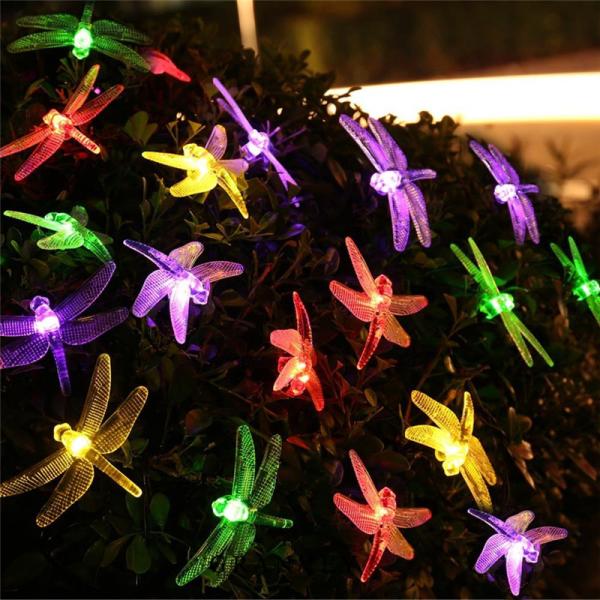 Plastic Body Solar LED Christmas Lights String 6M 30 LED Bulbs Dragonfly 1 Year Warranty