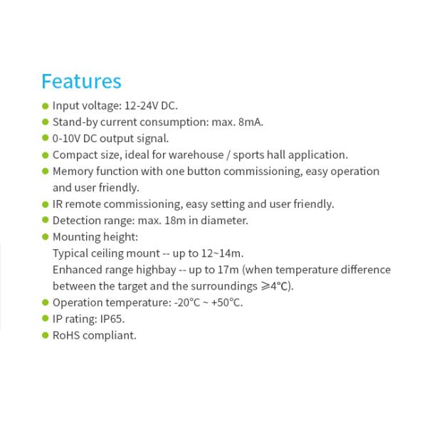 Zhaga Book20 Based PIR Motion Sensor, 0~10v tri-level dimming, Enhanced Highbay Range Up to 17m