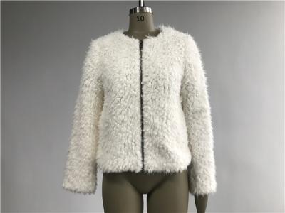 Short Milk Ladies Faux Fur Coats With Collarless and Metal Zip Through