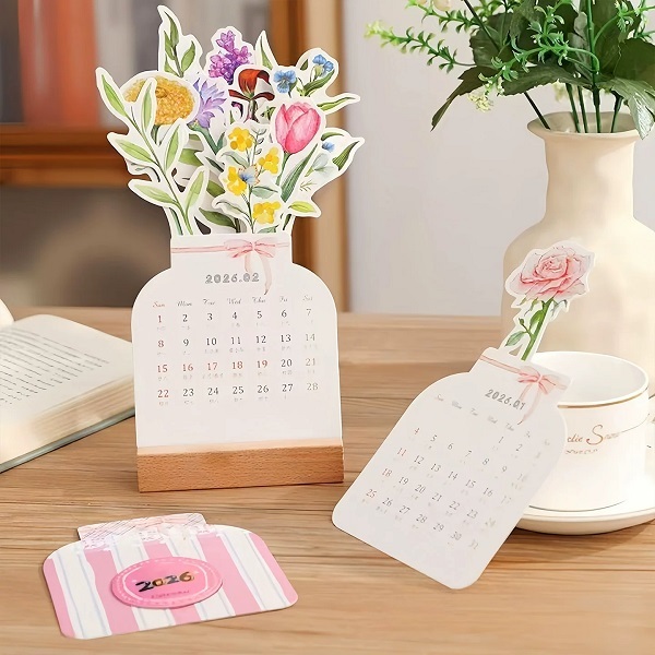 3D Desk Calendars With Die Cut Floral Design And Wooden Stand For Office Decor