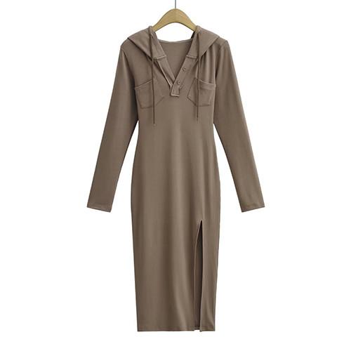Summer V Neck Long Sleeved Slim Hooded Dress With Side Slit Buttock Skirt