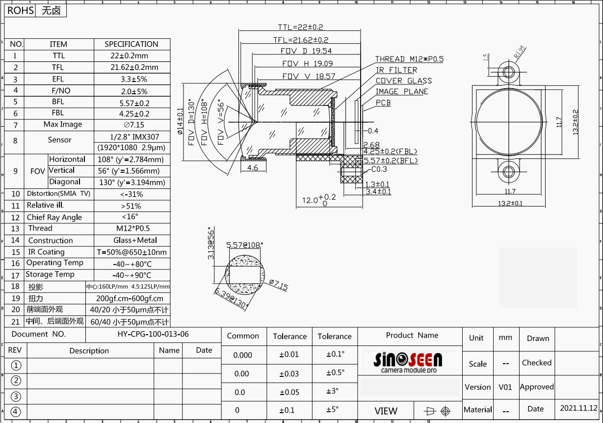 M12 Мониторный модуль камеры Объектив 1/2.8 дюйма M12x0.5 Объектив F2.0 Подходит для IMX307
