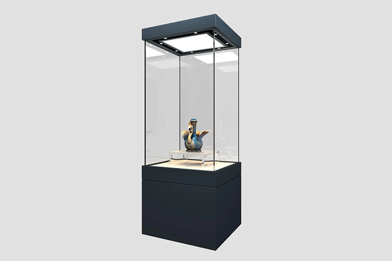 Museum Pedestal Vitrine with Anti-Reflective UV-Filter Glass, Built-in Storage Base, and Multi-point LED Lighting