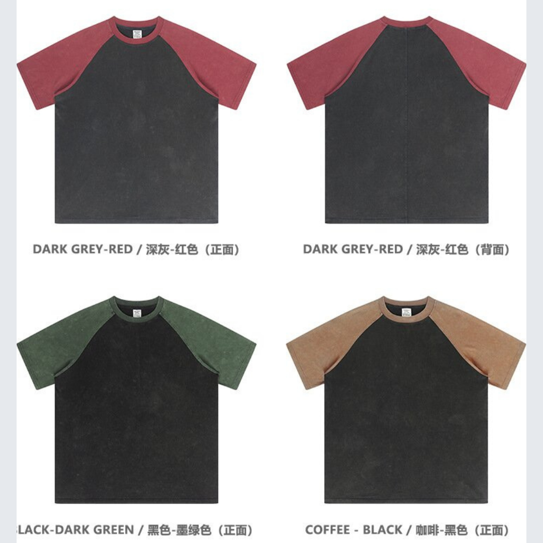 285G Heavy Cotton T Shirt Raglan Cut American Retro T Shirt Color Block
