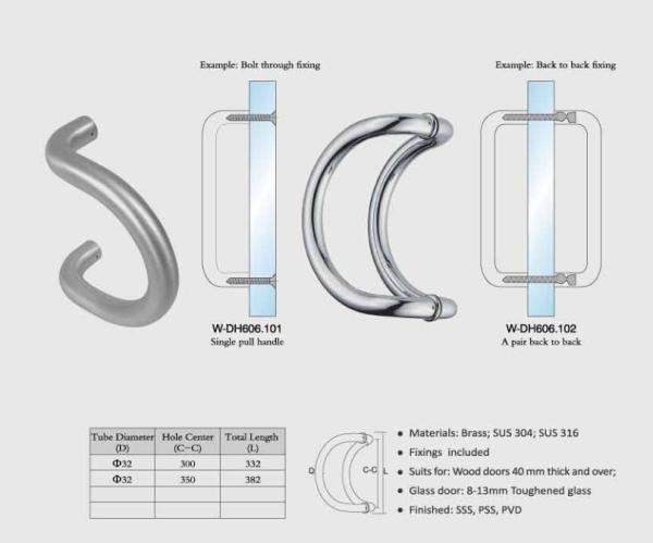 Dia. 32mm tub curved design gate handles brass / SUS exterior door handles set W-DH606 glass shower door  handle