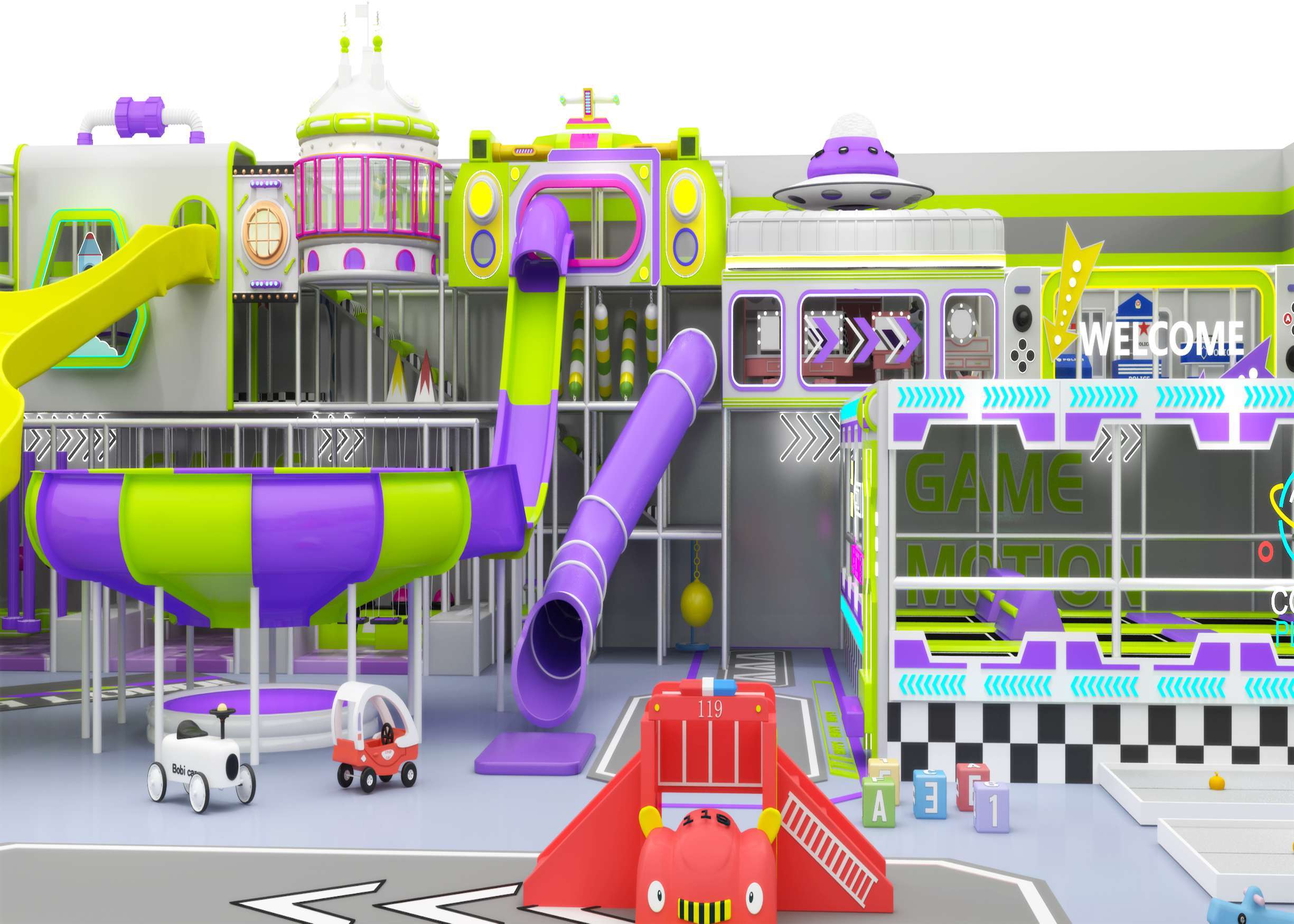 Cream Yellow, White & Mint Green Sports Themed Indoor Soft Play & Trampoline Park | Commercial Mall FEC Playground