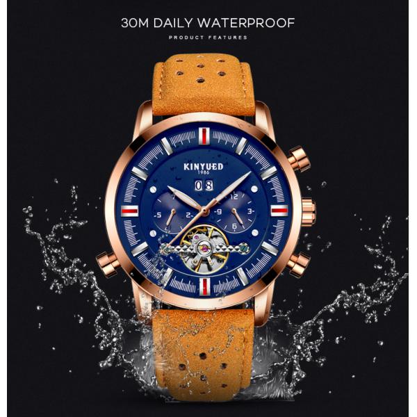 KINYUED J019-3  Private Label Gold Case Genuine Leather Auto Date Skeleton Tourbillon Automatic Mechanical Wristwatches