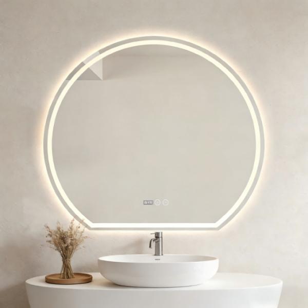 Smart Modern LED Glass Bathroom Mirror Anti-Fog Round with One-Click Defogging Soft Circular Light Wall-Mounted for Home Decor