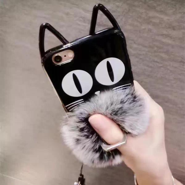 Soft TPU Cartoon Cat Ears Seto Rabbit Hair Ball Ring Buckle Cell Phone Case Back Cover For iPhone 7 Plus 6s