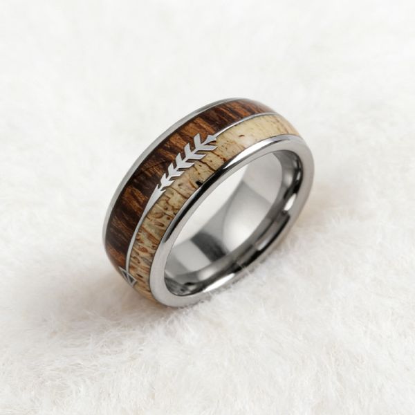 Men's Tungsten Ring with Deer Antler & Koa Wood Inlay and Silver Arrow Design for Wedding and Party