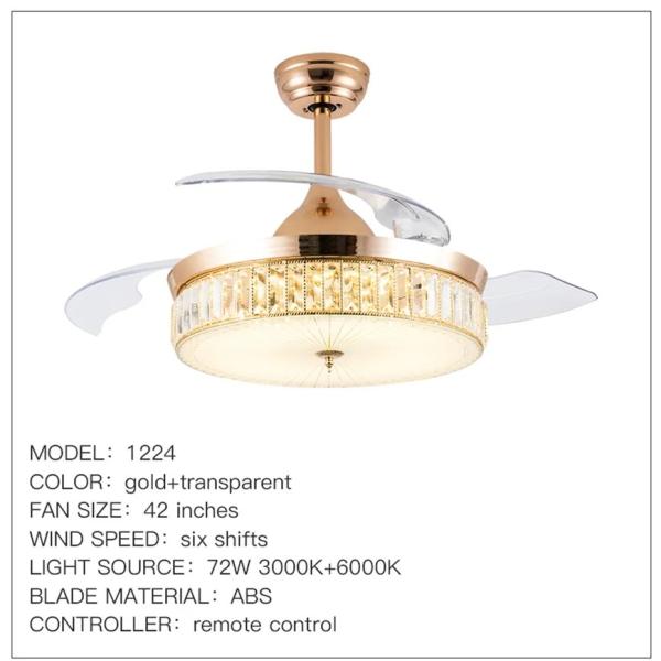 Tricolor Dimming Black Luxury Crystal Ceiling Fan Light with Remote Control