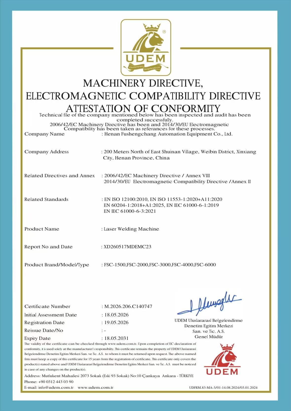 Henan Fushengchang Automation Equipment Co., Ltd. Certifications