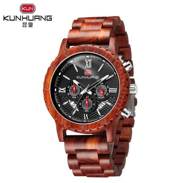6 Hands Sporty Red Sandal Wooden Wrist Watch Black Dial Anolog Display
