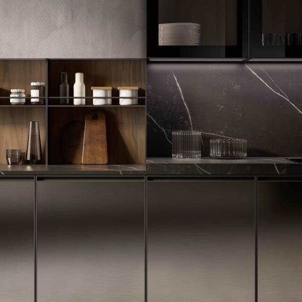 Meubles de maison de luxe Modulaire Faisceau de bois de noyer Matte Noir Couleur Verre Porte Armoires de cuisine Design moderne