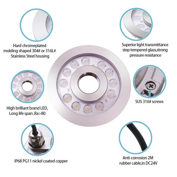 Round Fountains IP68 Stainless Steel DMX Control RGB 24V LED Underwater Light 12W 24W 36W