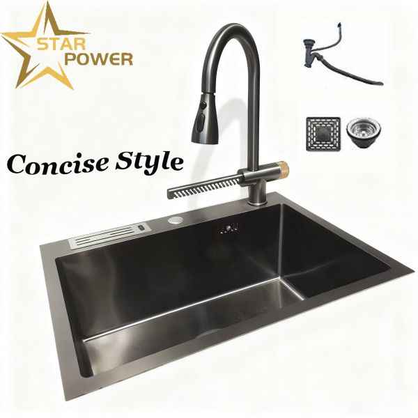 Food-Grade 304/316 Stainless Steel Single Bowl Sink with Cup Washer and Hand-Precision Polished Mirror Finish
