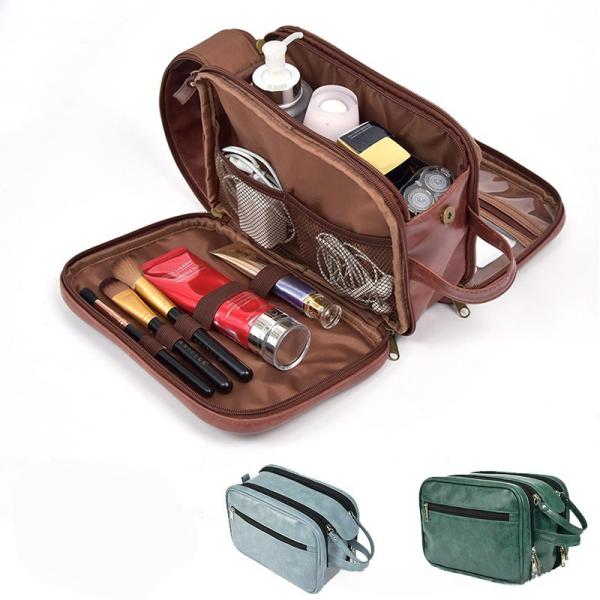 Manufacturer Customized Genuine Leather Large Capacity Travel Cosmetic Bag Simple Light Luxury Toiletry Bag Multifunctional Double Layer Storage Bag