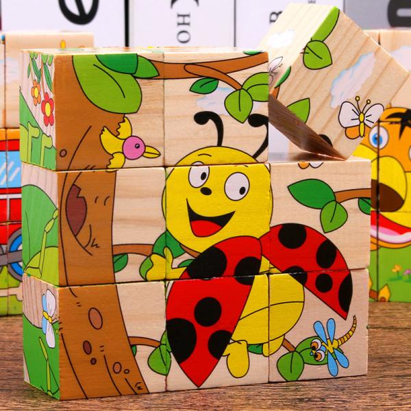 Baby Wooden Block Toys Animal Fruit Early Learning Six Side 3D Cube Jigsaw