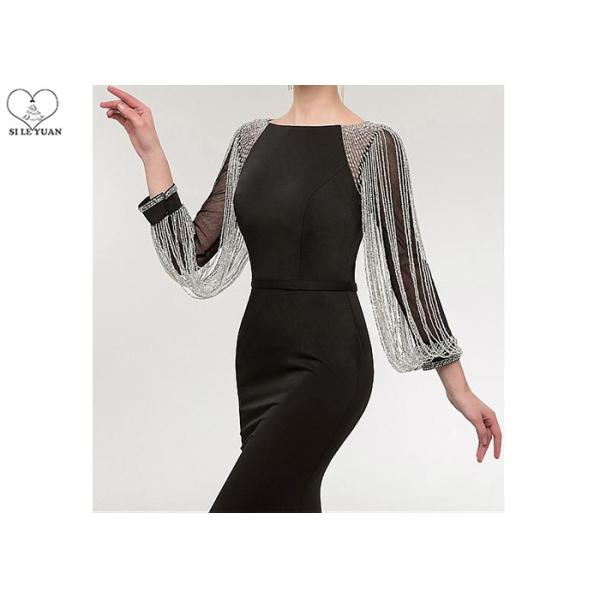 Stretch Fabric Black Long Sleeve Mermaid Prom Dress Tassels Sleeves Sweep Train