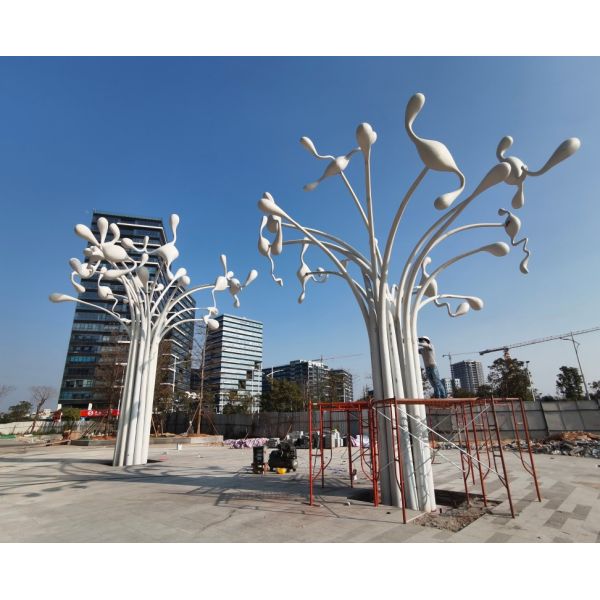 Abstract Illuminated Stainless Steel Tree Sculpture with Canopy for Building Creativity