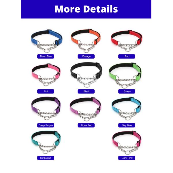Reflective Nylon Dog Collar, Padded Training Collar With Stainless Steel Chain
