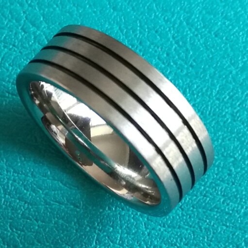 8mm Flat Cobalt Chrome Satin Brush Finish Wedding Band Ring w/ 3 Black Lines