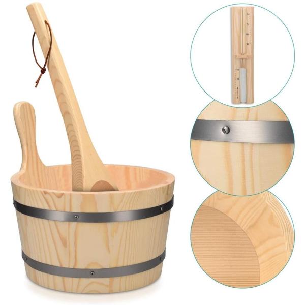 Traditional Sauna Wooden Bucket With Pocket Spa Essential Accessory For Steam Bath Pine Wood Bucket Liner Pocket Plastic Sand Timer