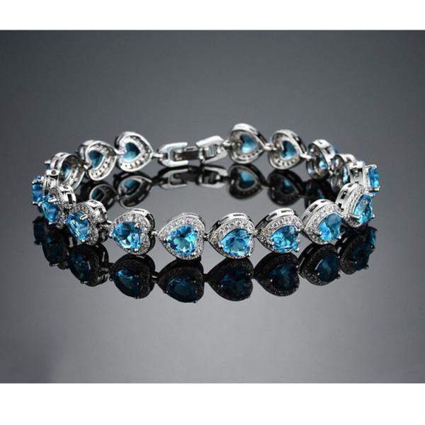 Fashion Platinum Plated Links Chain Heart Shape Blue Cubic Zirconia Tennis Bracelet (JDS949BLUE)