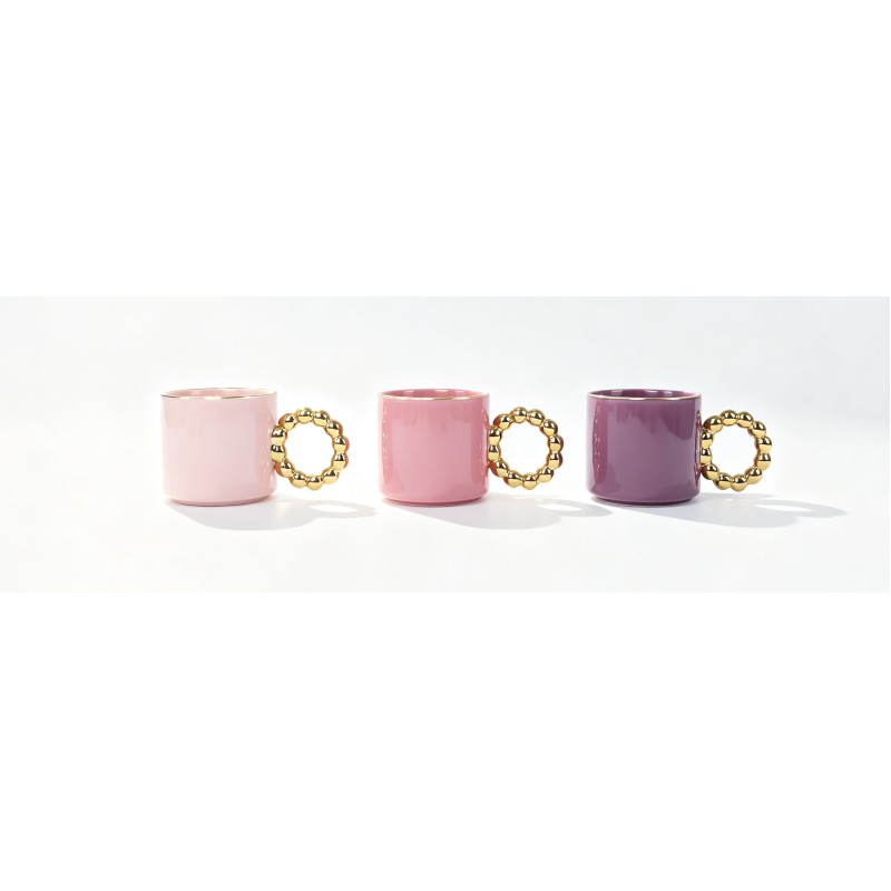 Luxury Beaded Gold Handle Ceramic Mugs Set of 3, Gloss Blush Dusty Lavender Purple Coffee Cups with Thin Golden Rim, Elegant Aesthetic Decor Tea Mugs for Women Gift & Home Table Styling