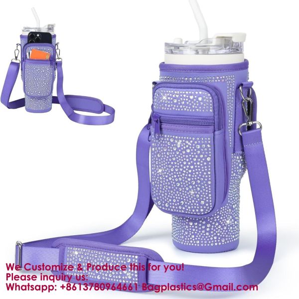 Water Bottle Carrier Bag With Phone Pocket For Stanley 40 & 30 Oz Tumbler With Handle,Pink Insulated Neoprene Cup