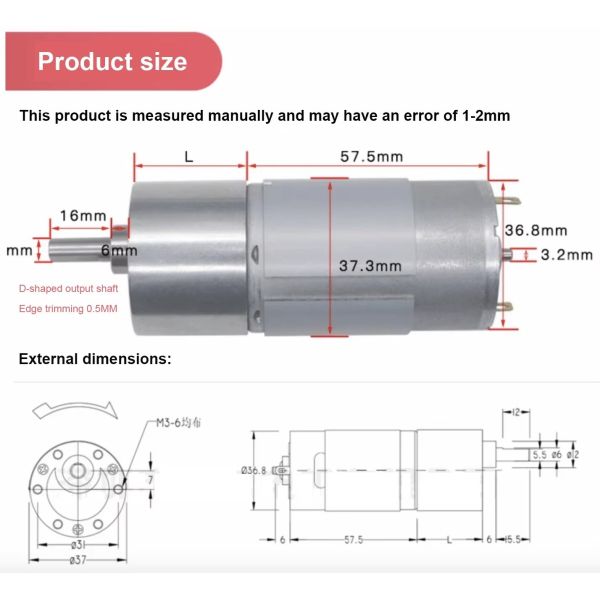 FT-37RGM555 Electric Motor Excellent Quality Big Torque High Efficiency Silent 5v6v12v 24v Mini Slow Speed Rpm Spur Gear Motor