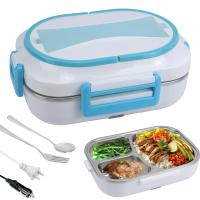 Boîte de déjeuner électrique 60W à quatre mains12V/24V Boîte de déjeuner avec sac à main et fourchette et cuillère Blanc bleu
