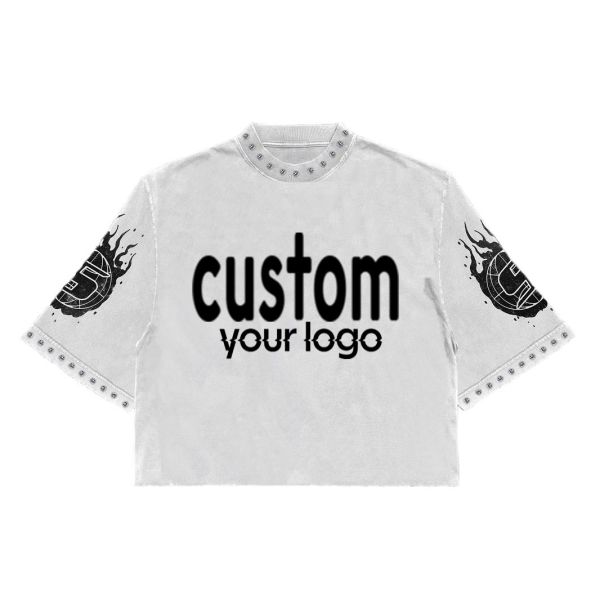 Custom Streetwear Cropped Drop Shoulder Digital Printed 100% Cotton Graphic Boxy Fit Oversized Rhinestone Men T-Shirt