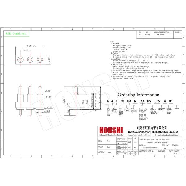 Custom 2.54mm Dip Type 3pin H1.5mm Pogo Pin connector for spring pin connector