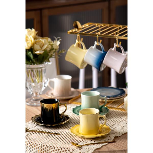 90ml Volume Luxury Ceramic Cup Saucer Set Coffee And Tea 6 Pcs Retro Design Style