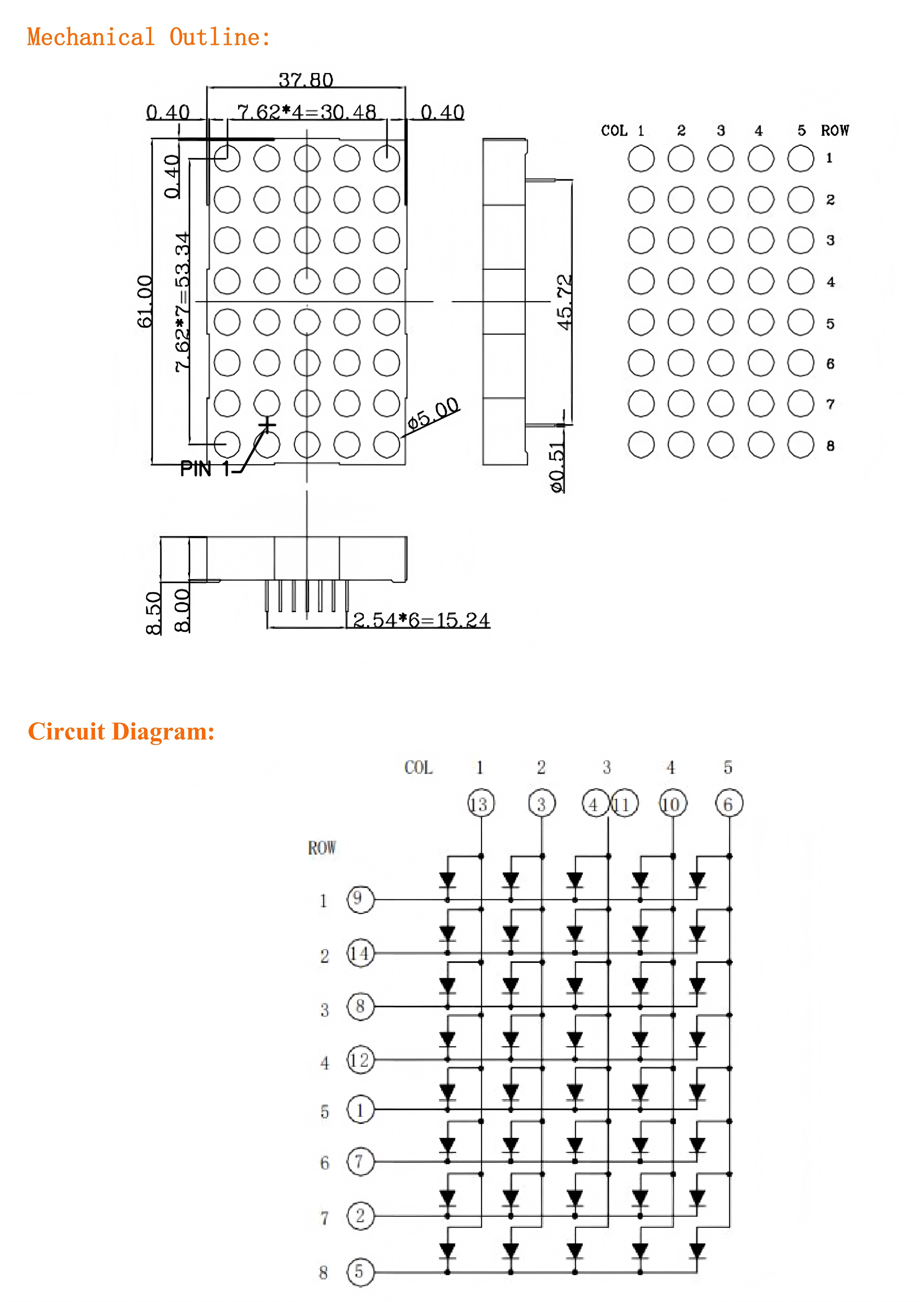 37.8x61mm 5x8 Round Type LED Dot Matrix Display Round 5mm (Ultra Bright Red/Green/Blue/RGB, Common Anode/Cathode)
