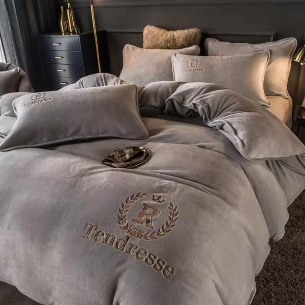 Customized Solid Milk Velvet Embroidery Bedding Set Thickened Warm Flannel Four Piece Set
