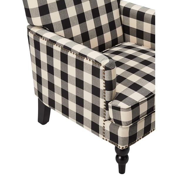 Tufted Fabric Chair , Black Checkerboard Upholstered Accent Chair With Wood Finish Legs
