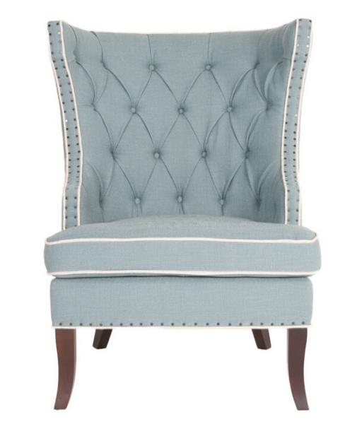 Occasional bedroom loung leisure chair tufted back oak wood chair linen fabric with armrest nails