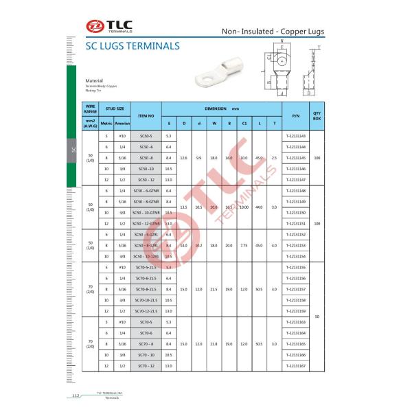 -40C~+105C Tin Plated Lugs Cable For  50-70mm2 Copper Tube Lug Terminal Lugs