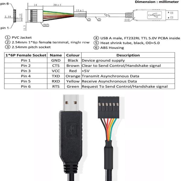 FTDI Чип USB к 6P TTL-232R-3V3 5V Модуль уровня Серийный порт кабель Ttl3.3v5v, настраиваемый Пин питания
