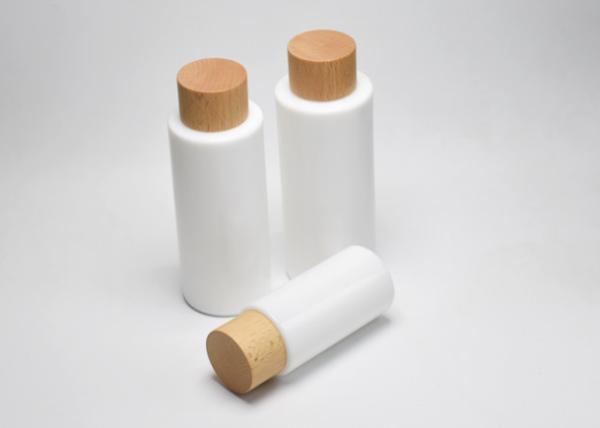 BG-194Q-J, 40, 100, 120ml opaque white glass lotion bottle with wooden screw cap, luxury glass cosmeceutical packaging