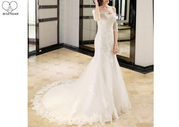 Half Sleeve Ivory Lace Mermaid Wedding Dress Beading Off Shoulder Back Bandage