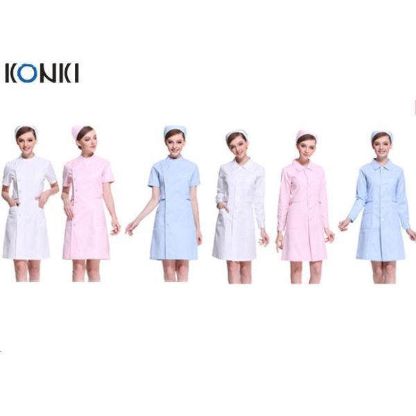 Short Sleeve White / Pink Nurse Uniform Dress With Long Style Coat
