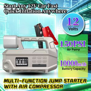 10000mAh Multi Functional Jump Starter with 150PSI Air Pump and Power Bank for Emergency Vehicle Charging