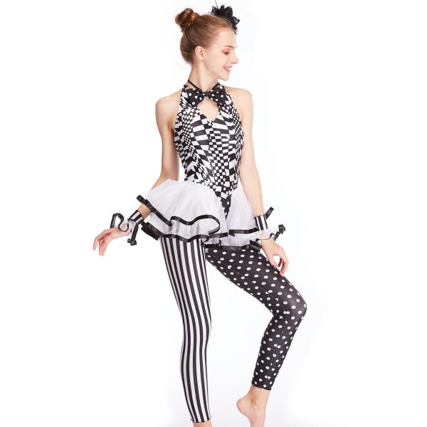 White Black Dance Competition Wear Magic Sleeveless Bodice Cercle Collar Skirt Tiers Leotard