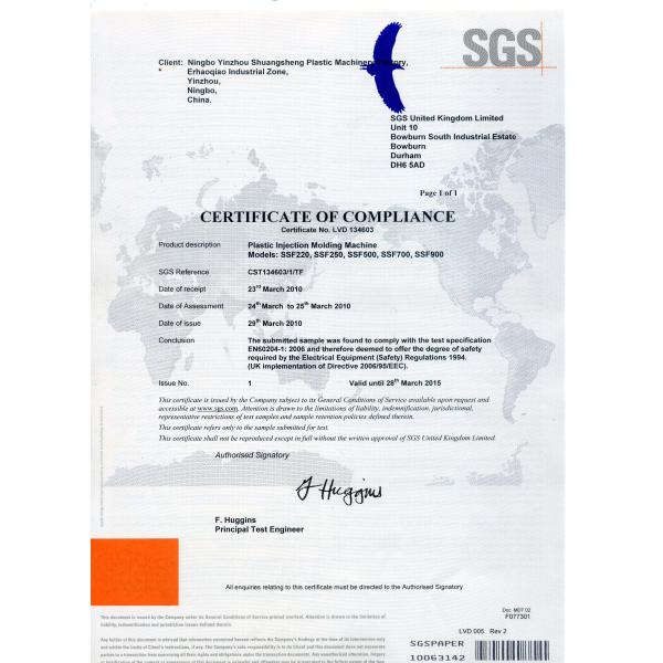 Ningbo Shuangsheng Plastic Machinery Factory Certifications