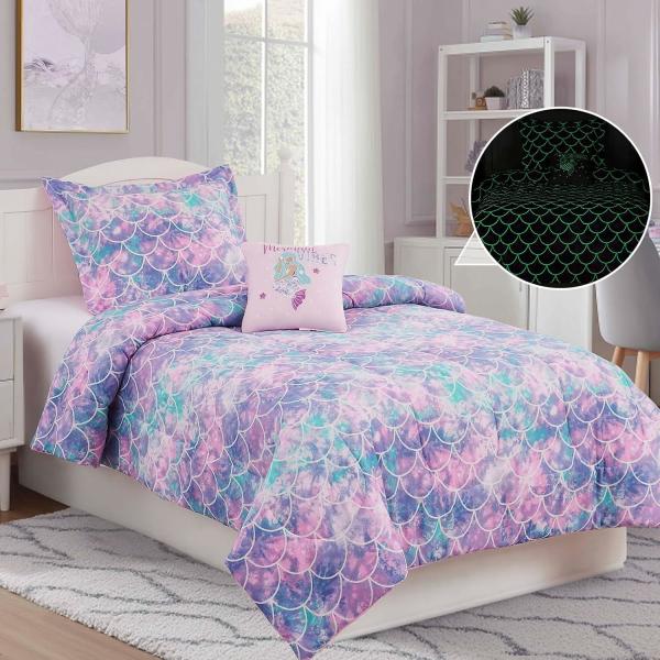 Comfortable Fluorescence Childrens Quilt Set 3 Piece Mermaid Double Bedding Set