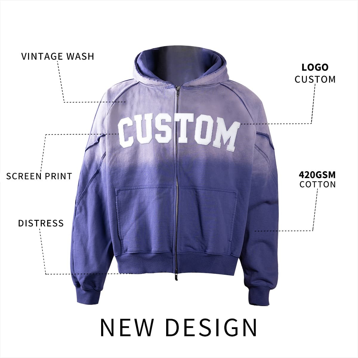 Custom 420gsm Screen Print Sun Faded Wash Distress Zip Up Hoodies