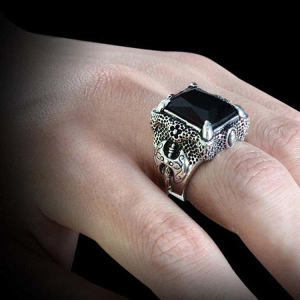 Mens Thailand Retro Dragon Sterling Silver Ring with Created Black Onyx(023605BLACK)